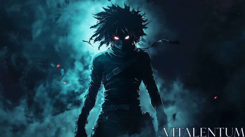 Nocturnal spectral combatant in cyan backlit volumetric fog.