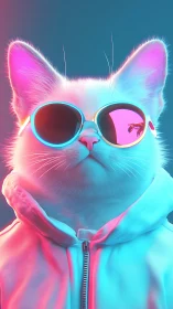 Neon-lit white cat wears mirrored sunglasses and hoodie.