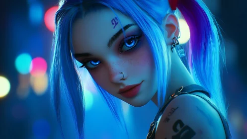 Neon lit punk girl portrait with cyan magenta rim lighting