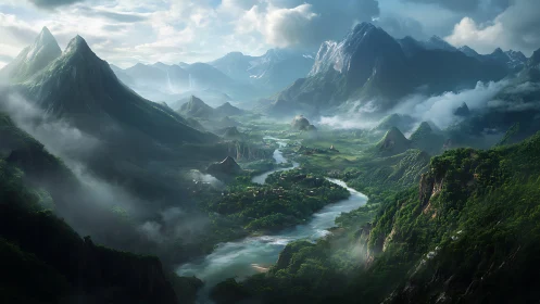 Verdant fantasy valley stretches between towering clouded peaks