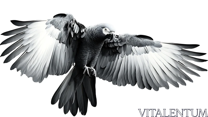 Majestic grayscale parrot in flight, digital illustration style.