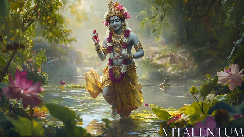 Graceful blue deity walks through a sunlit lotus river