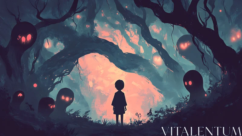 Silhouetted child confronts neon-eyed spirits in eerie forest