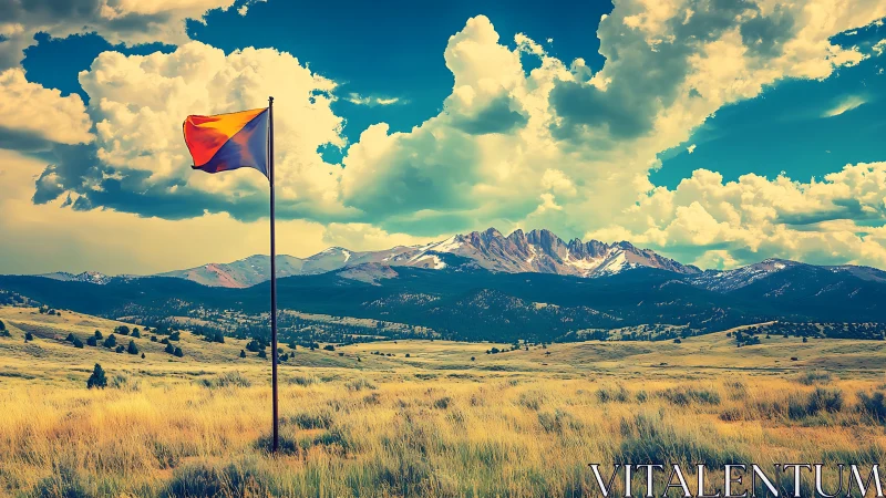 Golden prairie flag waves gently beneath vast mountain skies