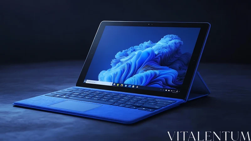 Slim blue 2-in-1 tablet laptop with detachable keyboard and stand