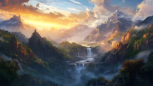 Wide dynamic range sunrise over tiered waterfalls in alpine valley