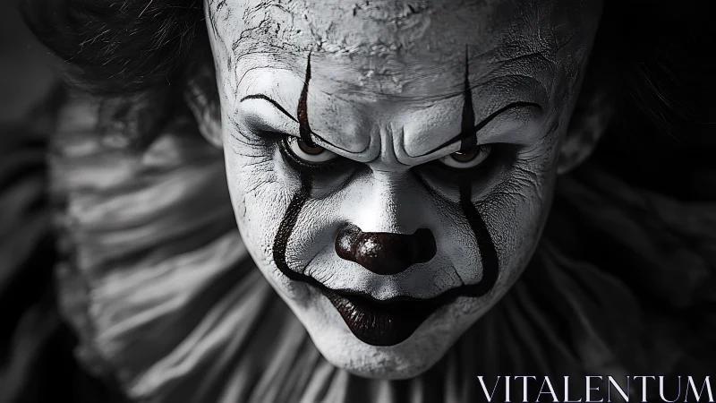 High-contrast horror portrait of cracked monochrome clown visage.