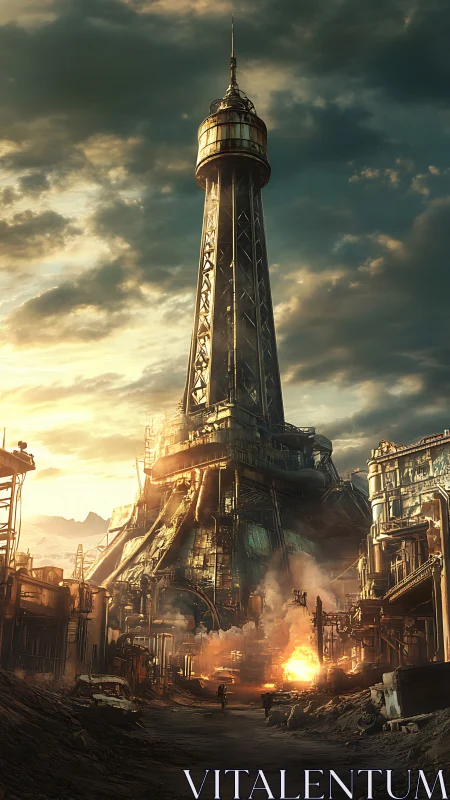 Towering industrial fortress dominates ruined cityscape