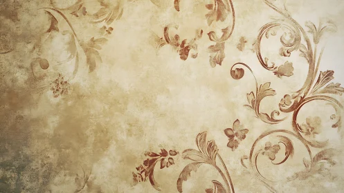 Aged baroque floral scrollwork on textured parchment field.
