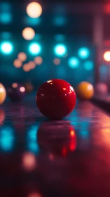Red billiard ball sits on reflective table with blurred lights