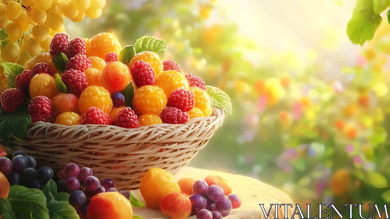 Sunlit garden bounty overflows in a colorful fruit basket