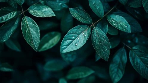 Macro optical study of rain-speckled emerald foliage surfaces.