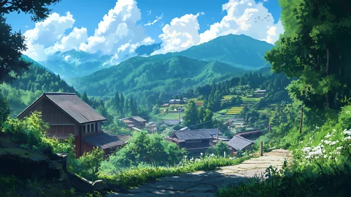 Sunlit mountain village dozes beneath drifting summer clouds