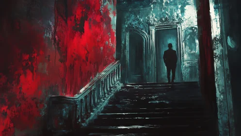 Silent figure on eerie red stairway in a forgotten mansion.