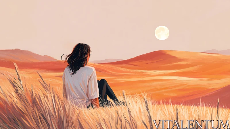 Solitary figure gazing at moonlit dunes in pastel desert.
