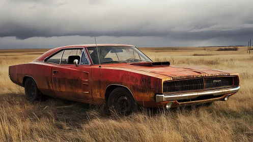 Weathered Dodge Charger resting in windswept prairie grassland