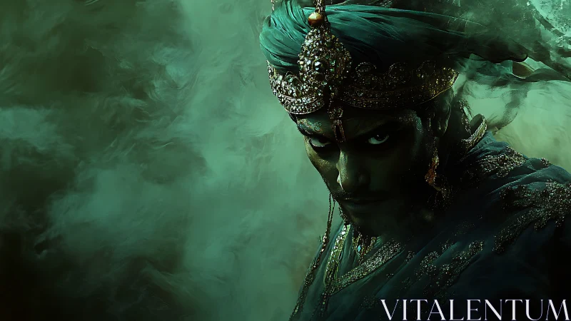 Regal figure in ornate turban within dense green mist.