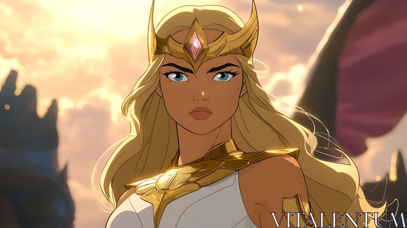 Resolute warrior princess in golden armor at sunset.