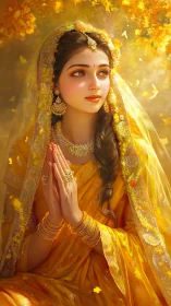 Devotional woman in golden sari under falling marigold petals