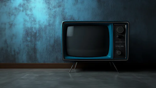 Vintage CRT television stands against textured blue wall