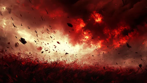 Blazing storm sky rolls over a wild, windswept crimson field