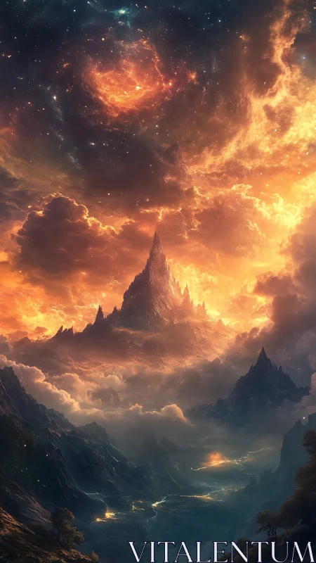 Stormcrowned starfall peak beneath a burning cosmic sky.