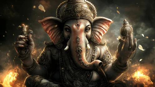 Divine Ganesha portrait with ornate firelit detailing.