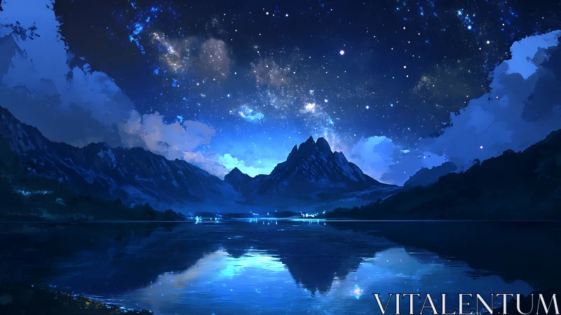 Mountain lake under starry night sky with reflected peaks.