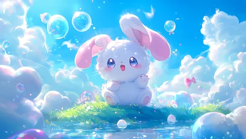 Cute cloud bunny under bubbles in bright anime sky.