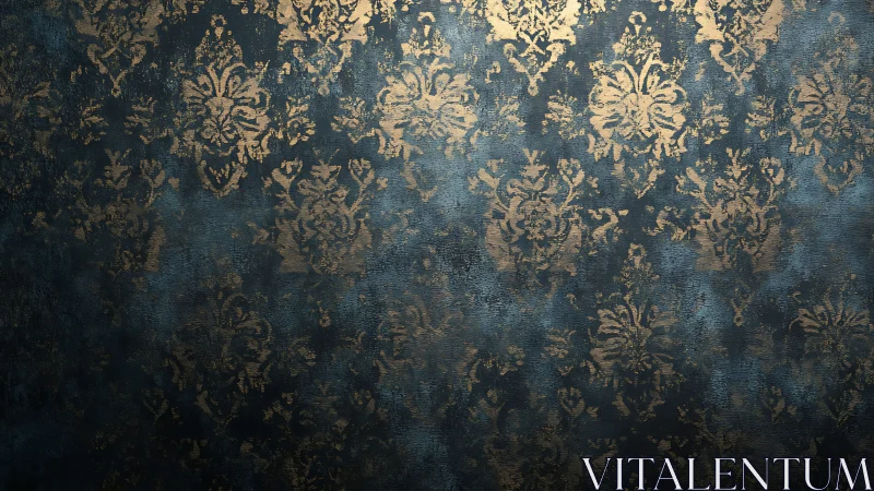 Gilded damask whispers across dusky blue vintage walls.