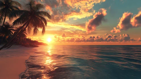 Sunset illuminates tropical beach with palm trees and waves