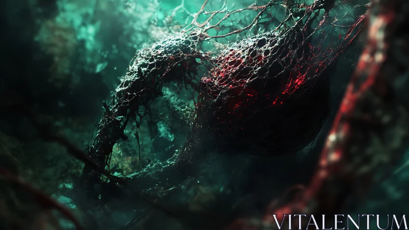 Bioluminescent crimson core wrapped in decayed organic lattice mesh