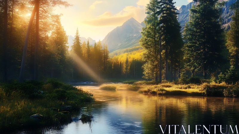 Sunlit forest river flows toward distant alpine mountain range