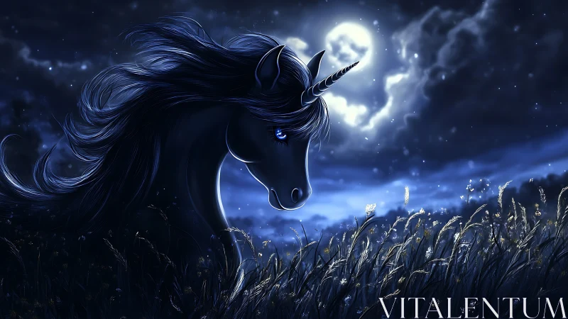 Unicorn profile in nocturnal field under illuminated moon.