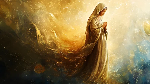 Serene robed figure glows within swirling golden light