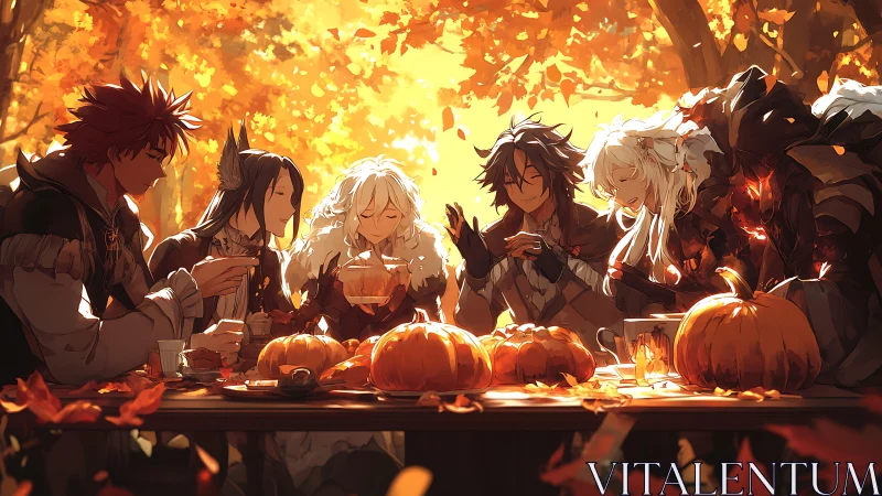 Autumn fantasy feast scene with pumpkins and warm foliage.