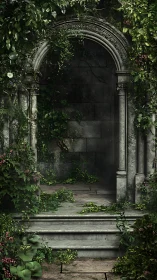 Stone archway overgrown with dense vines and foliage.