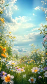 Sunlit wildflower meadow under expansive spring sky.