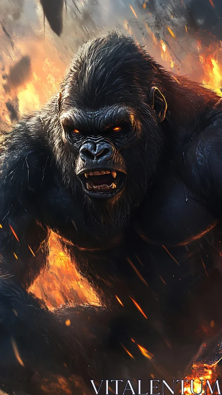 Inferno-eyed mountain gorilla roaring through falling embers.