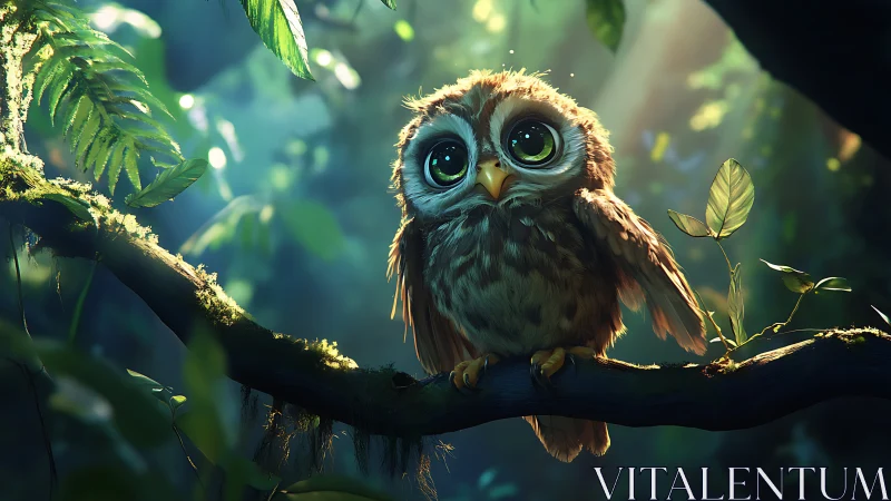 Adorable Big-Eyed Owl in Enchanted Forest, Digital Art Style.