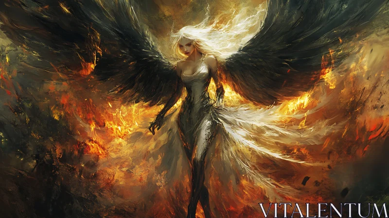 Winged female figure in fiery abstract environment.