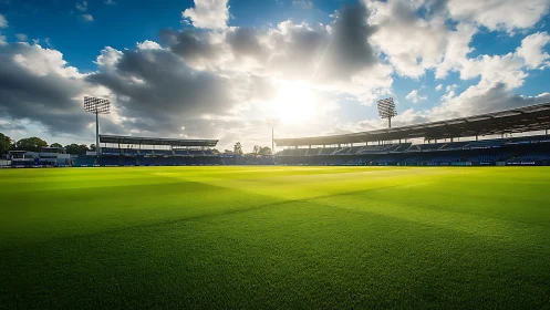 Sunlit stadium field waiting quietly for the next game.