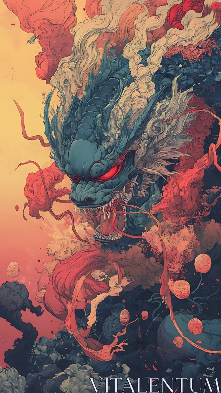 Mythic dragon entity in swirling clouds and flowing forms.