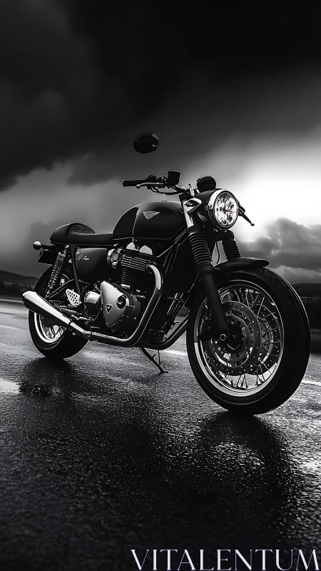 Motorcycle stands on wet road under dense overcast sky