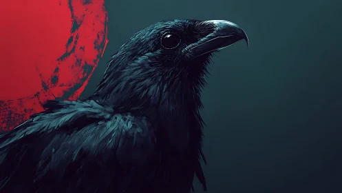 Midnight raven profile against a stark crimson sun halo
