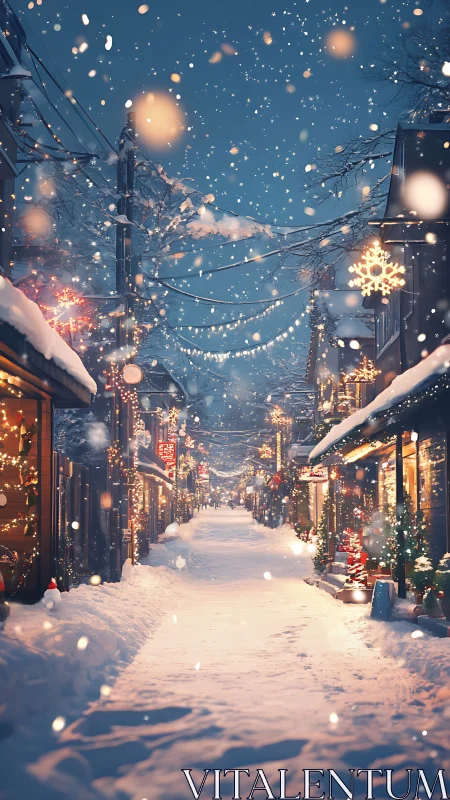 Snowy winter street glowing with festive holiday lights.