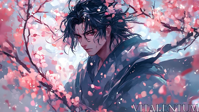 Brooding wanderer among drifting cherry blossoms at dusk.