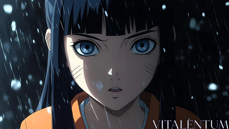 Snowlit anime heroine with intense blue gaze, frontal closeup.