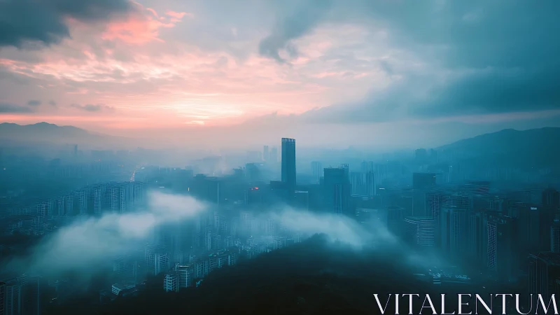 Fog-draped sunrise skyline overlooks dense modern city