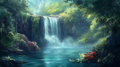 Digital painting of luminous forest waterfall and lagoon.